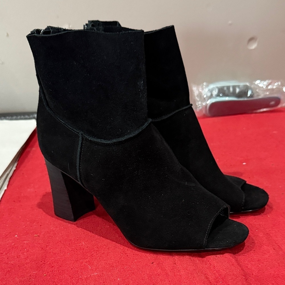 Open-Toe Black Suede Block Heel Ankle Boots - Women
